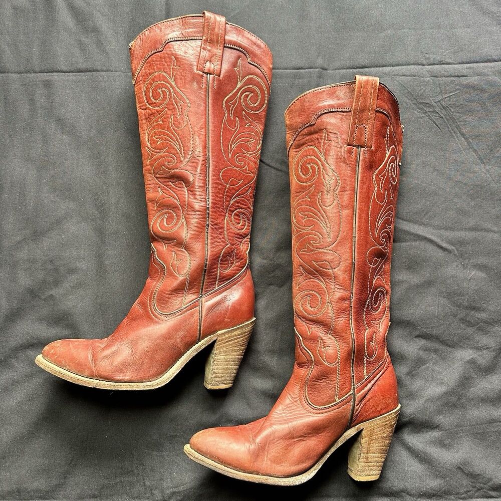 Vintage 70’s Frye 7120 Swirl Stitching Tall Oxblood Leather Heeled Boots. USA.